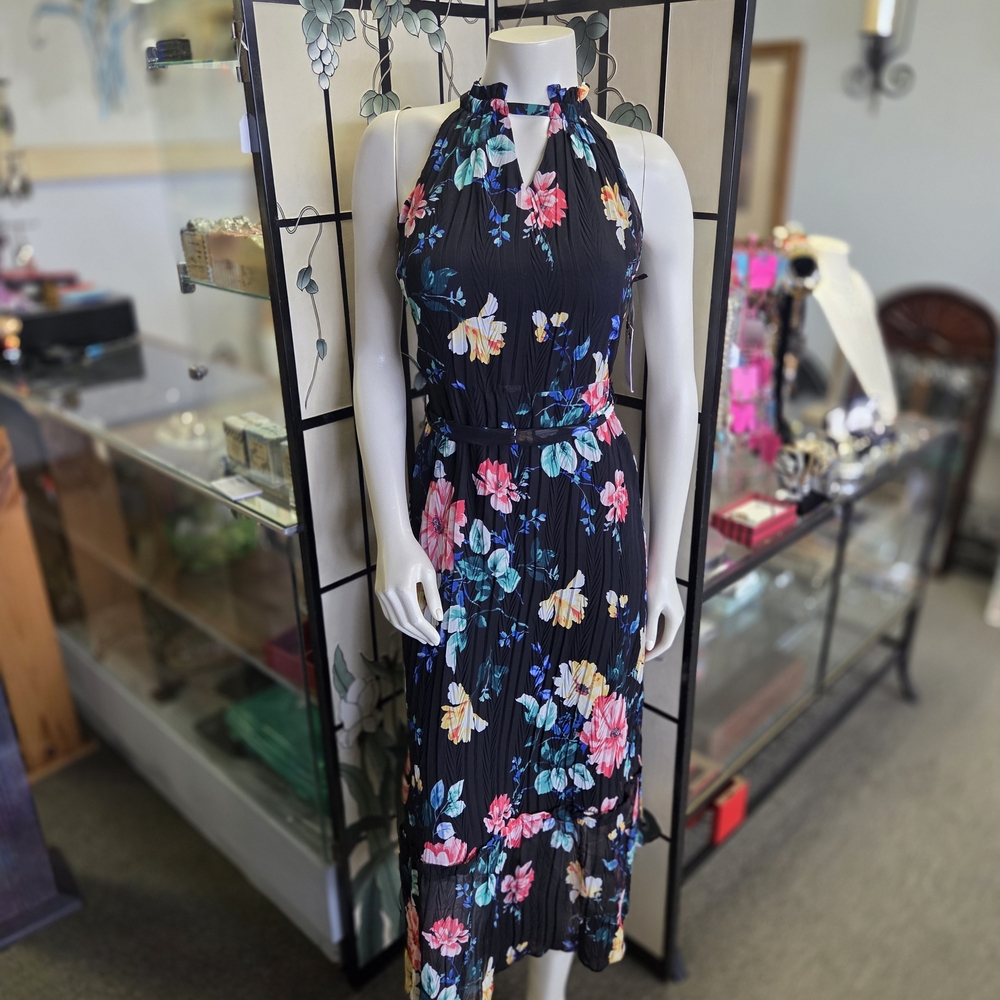 Kensie Black Floral Halter Midi Dress with Multi-Color Blooms